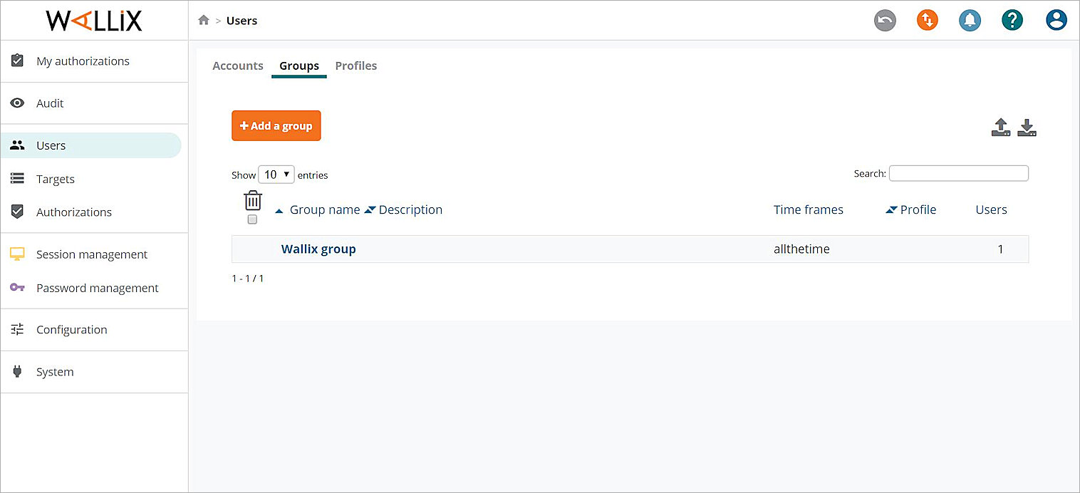 Screen shot of the User groups page